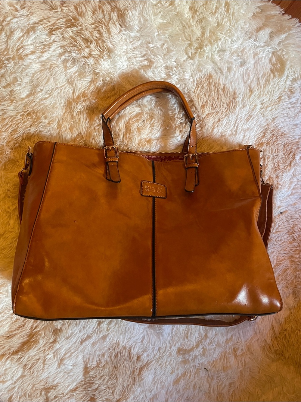 Badgley Mischka large Cognac Leather Tote with Removable Shoulder Strap